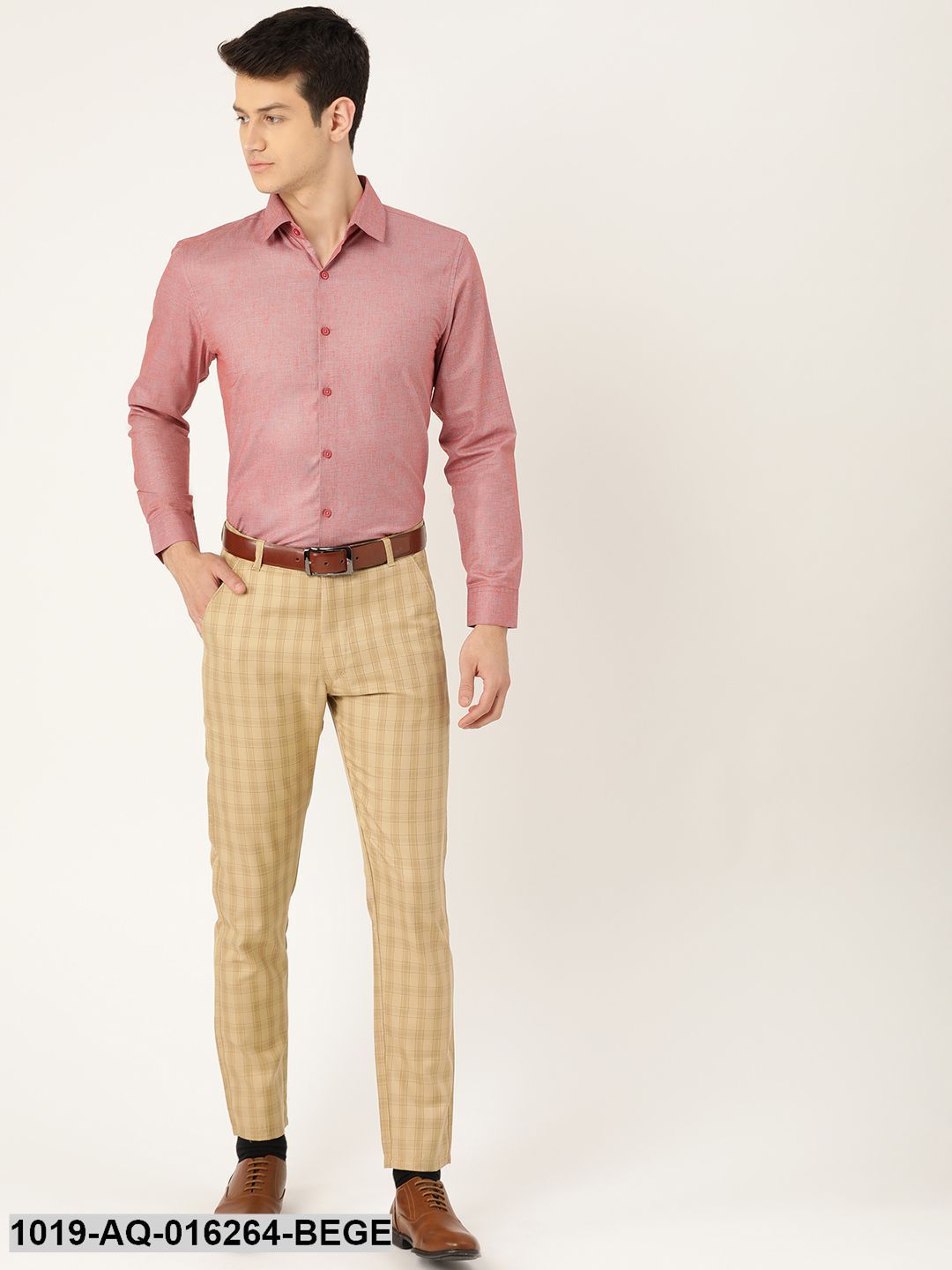 Men's Cotton Blend Beige & Green Checked Formal Trousers