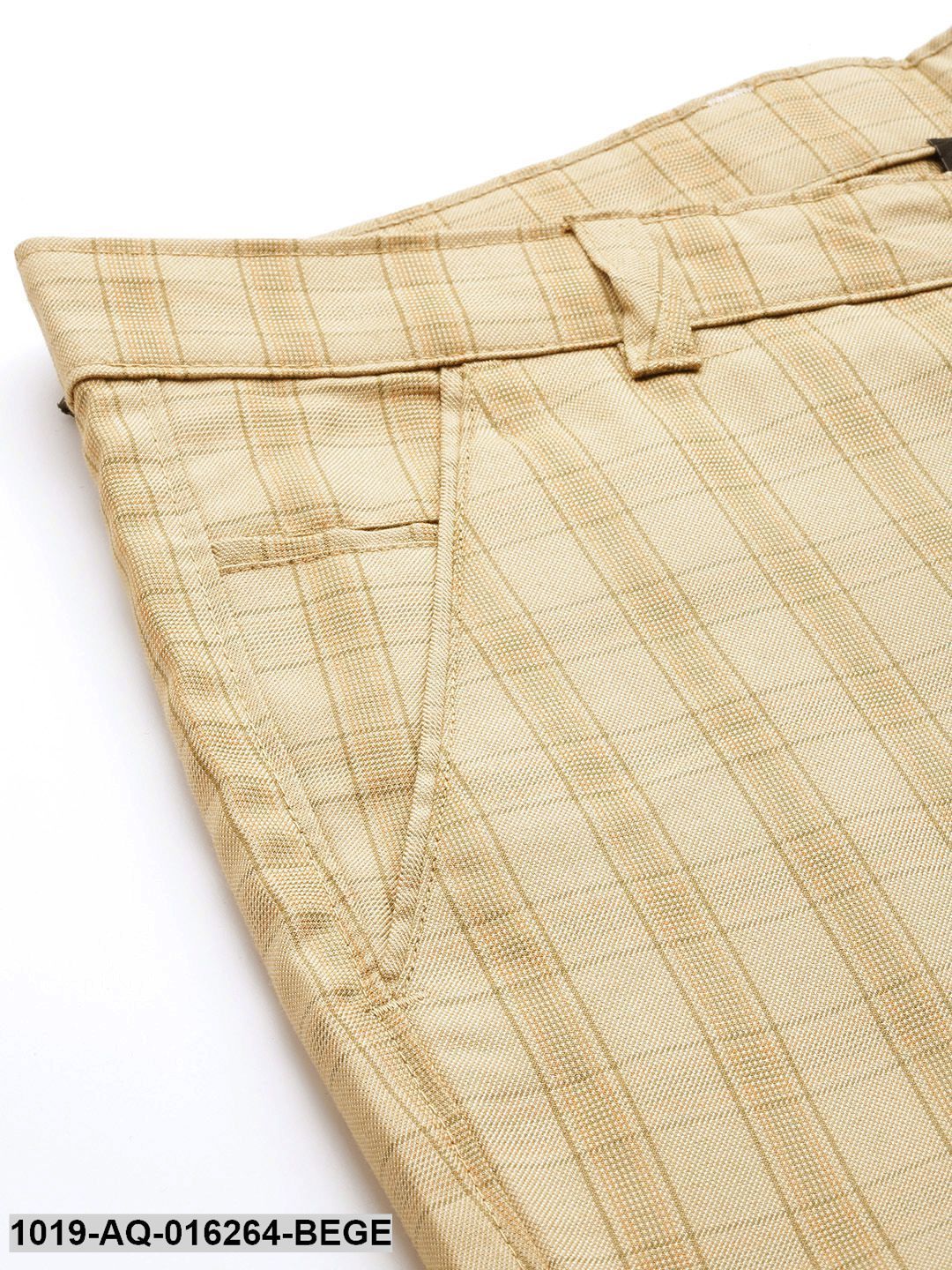 Men's Cotton Blend Beige & Green Checked Formal Trousers