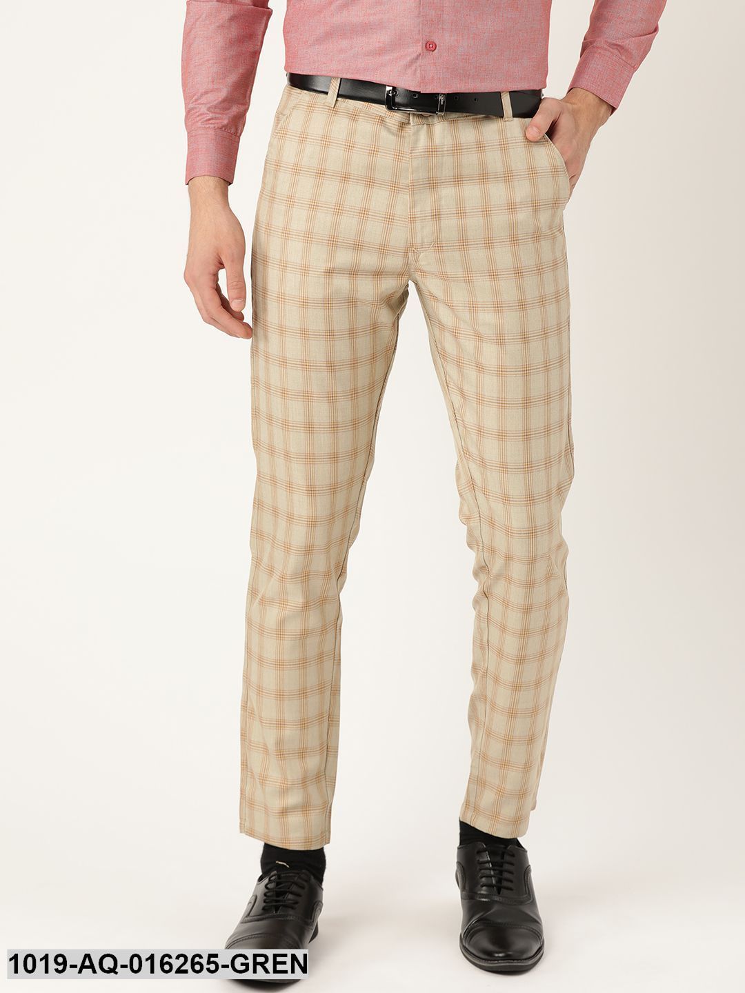 Men's Cotton Blend Pista Green & Mustard Checked Formal Trousers