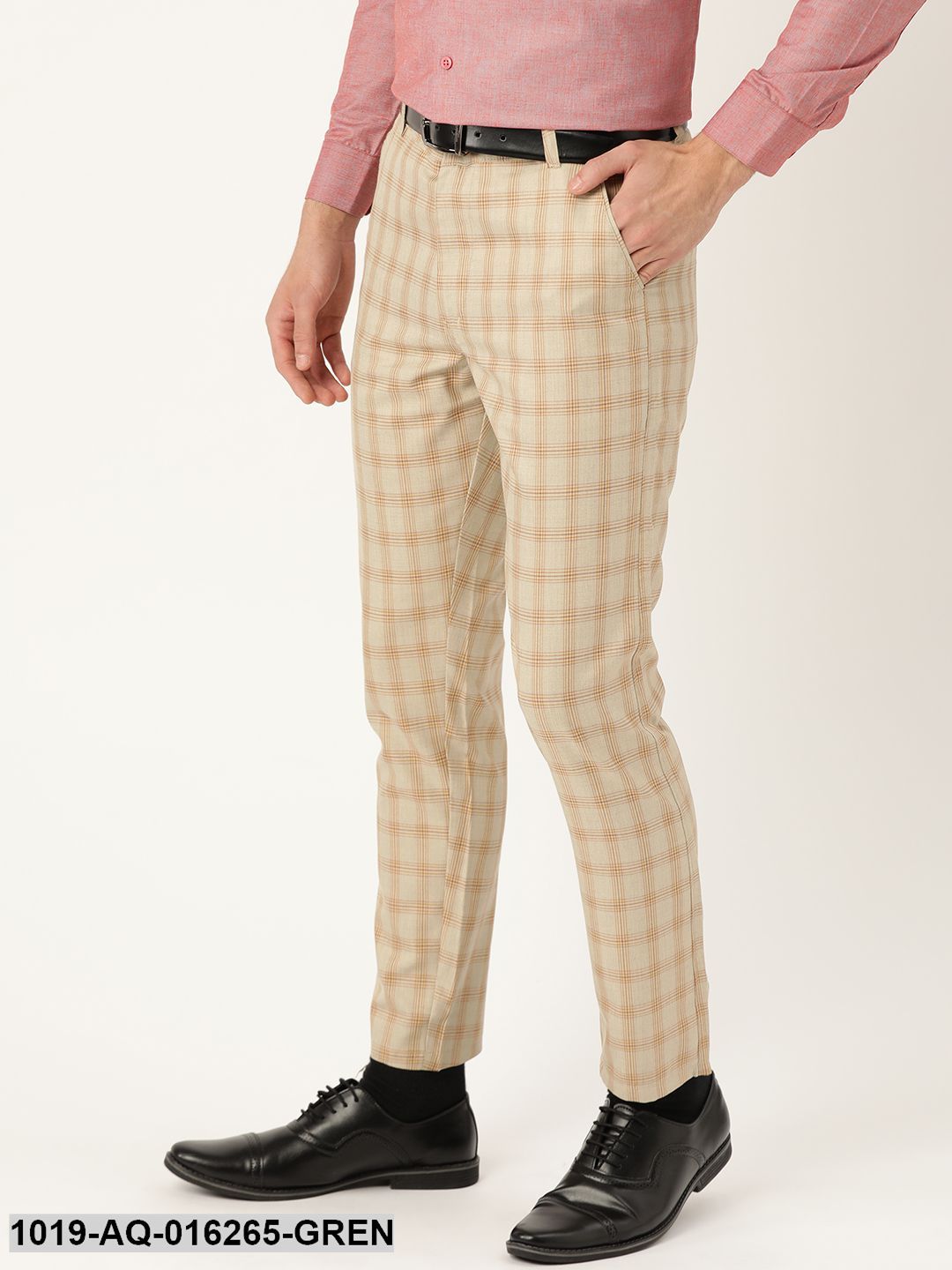 Men's Cotton Blend Pista Green & Mustard Checked Formal Trousers