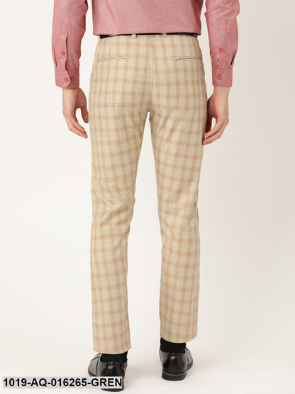 Men's Cotton Blend Pista Green & Mustard Checked Formal Trousers