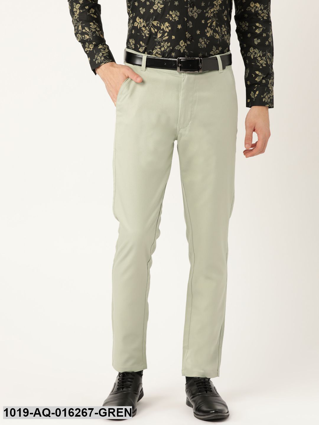 Men's Cotton Blend Pista Green Solid Formal Trousers