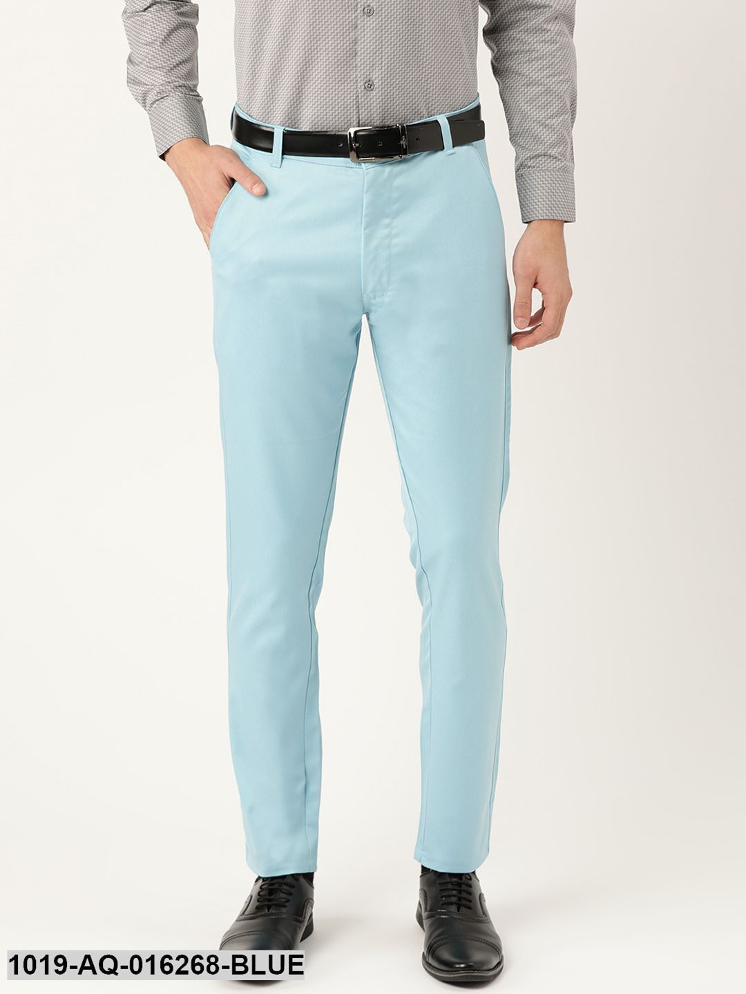 Men's Cotton Blend Sky Blue Solid Formal Trousers