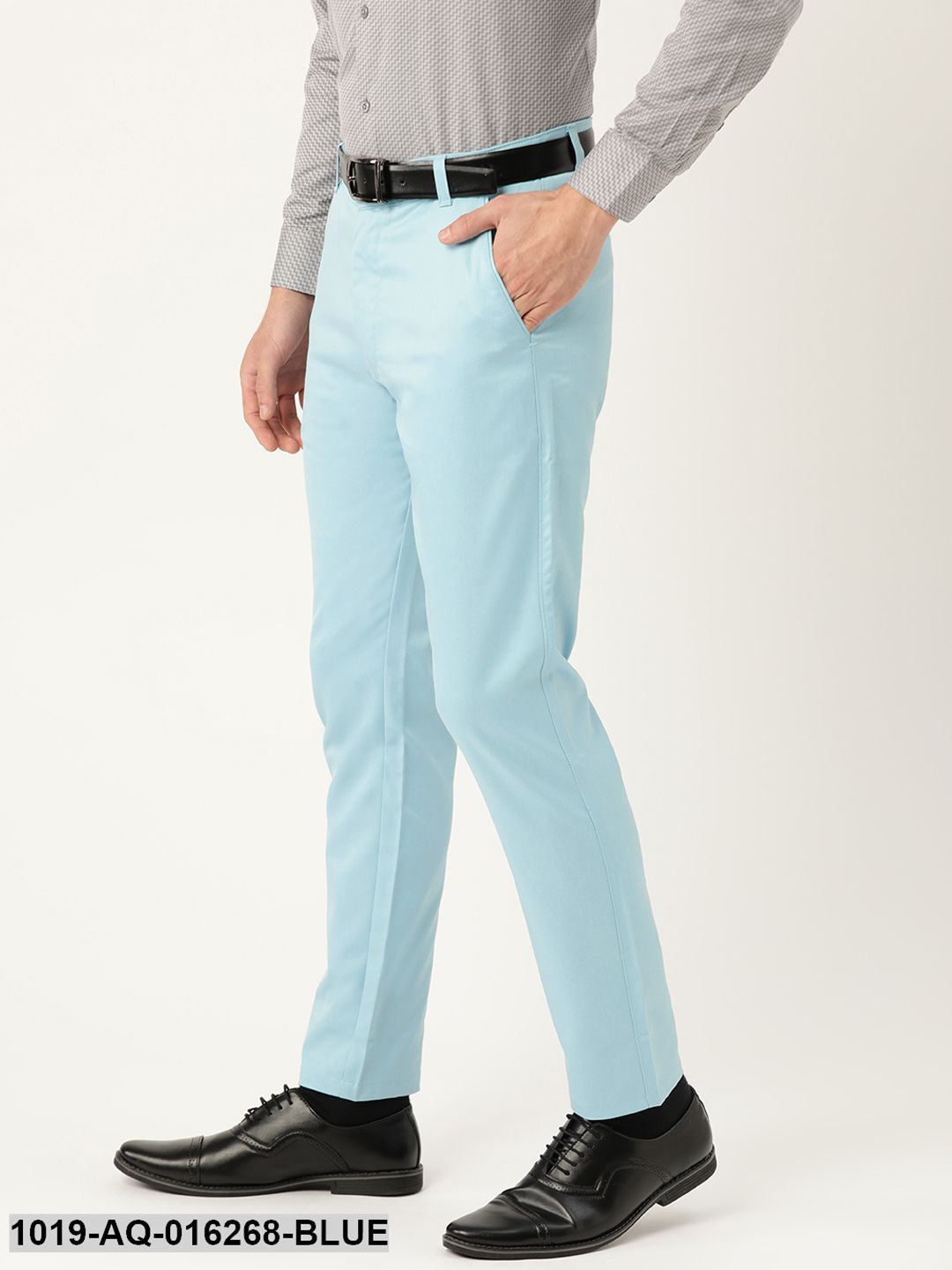 Men's Cotton Blend Sky Blue Solid Formal Trousers