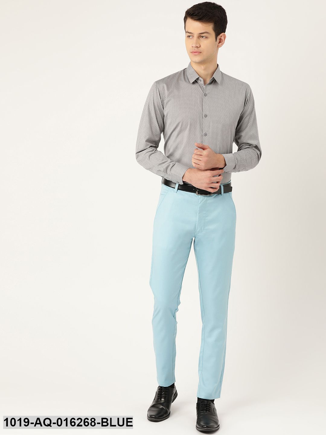 Men's Cotton Blend Sky Blue Solid Formal Trousers