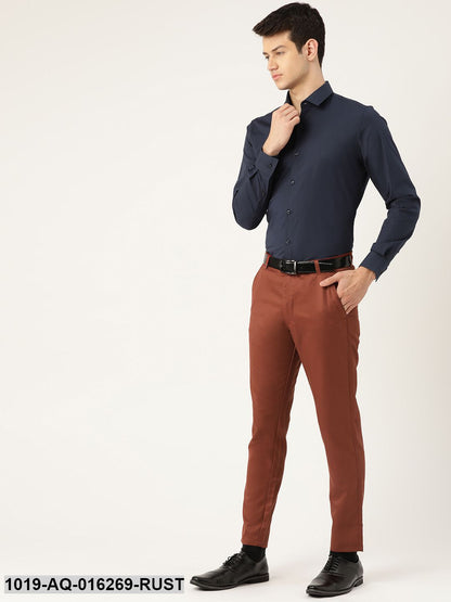 Men's Cotton Blend Rust Solid Formal Trousers