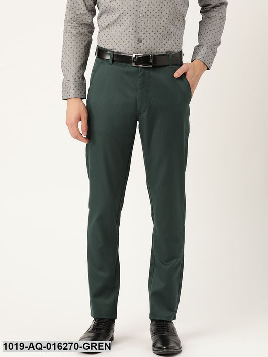 Men's Cotton Blend Bottle Green Solid Formal Trousers