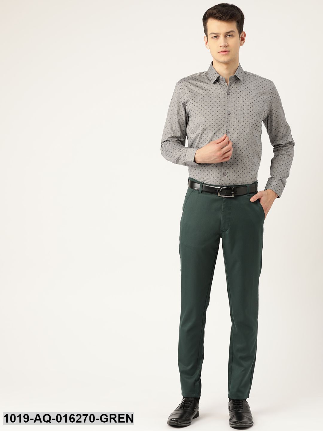 Men's Cotton Blend Bottle Green Solid Formal Trousers