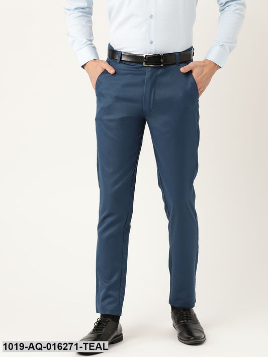 Men's Cotton Blend Teal Blue Solid Formal Trousers