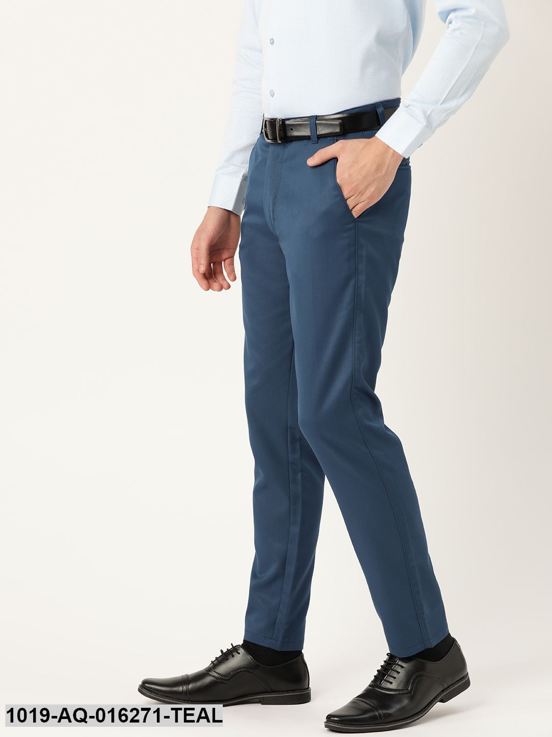 Men's Cotton Blend Teal Blue Solid Formal Trousers