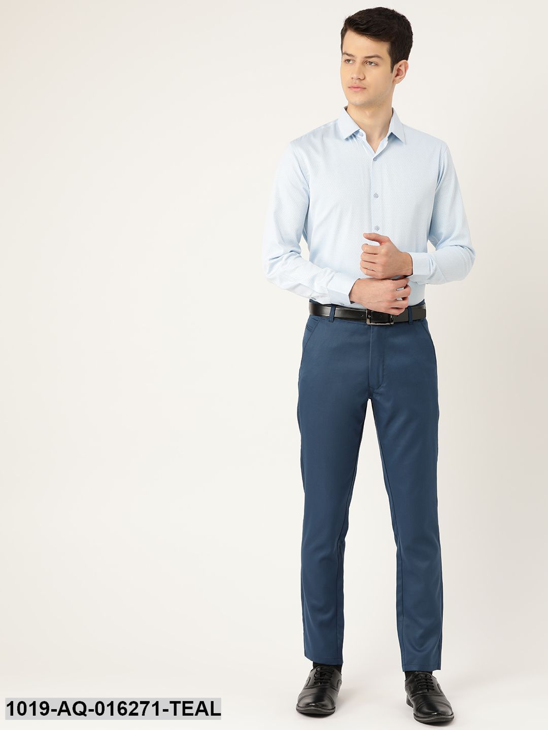 Men's Cotton Blend Teal Blue Solid Formal Trousers