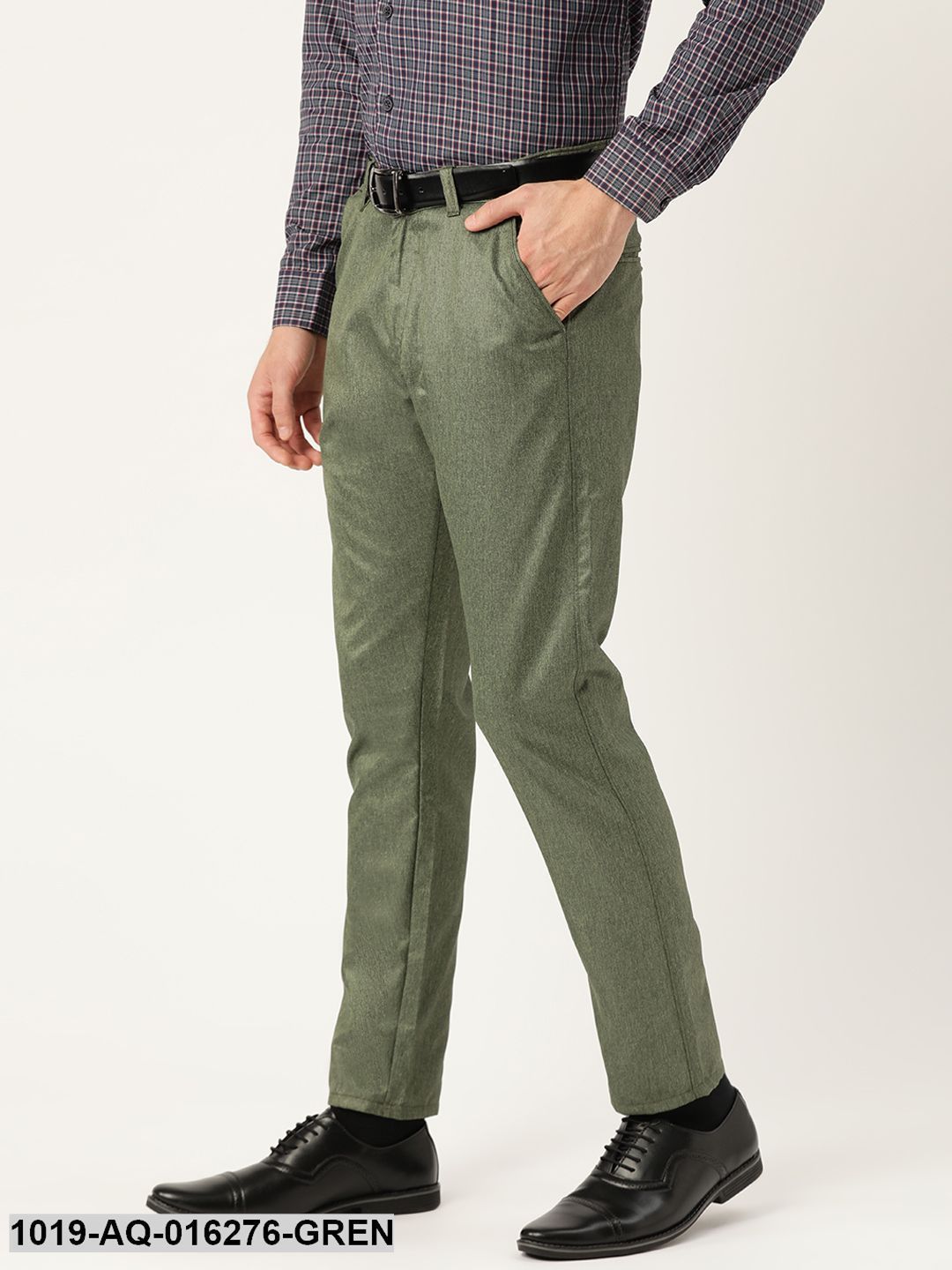 Men's Cotton Blend Green Formal Trousers