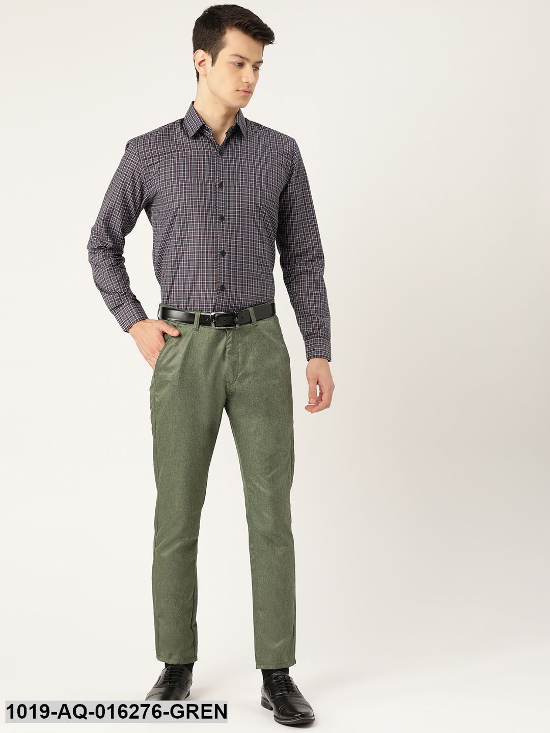 Men's Cotton Blend Green Formal Trousers