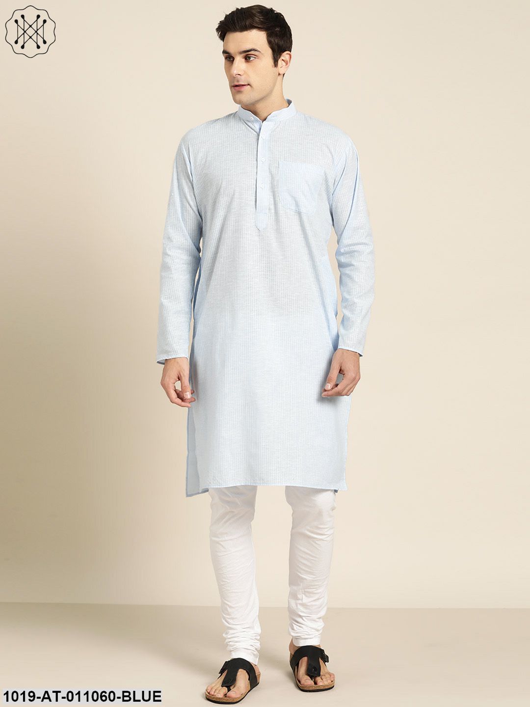 Men's Cotton Sky Blue & White Striped Only Kurta