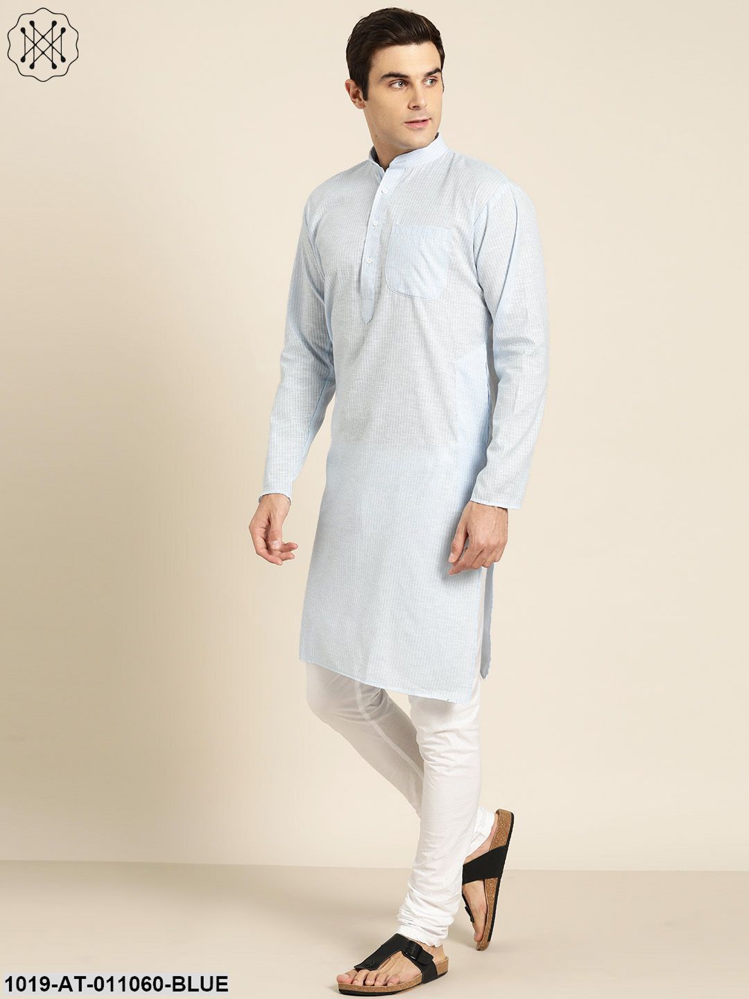 Men's Cotton Sky Blue & White Striped Only Kurta