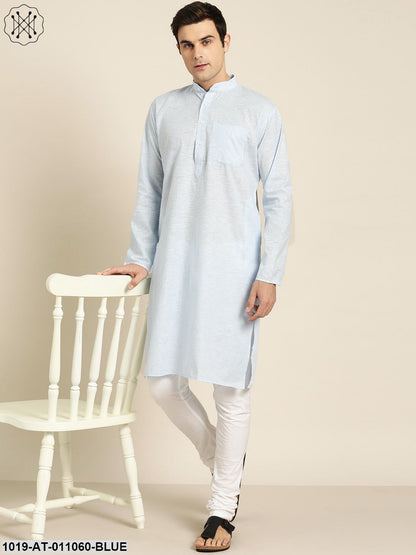 Men's Cotton Sky Blue & White Striped Only Kurta