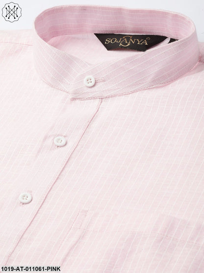 Men's Cotton Pink & White Striped Only Kurta