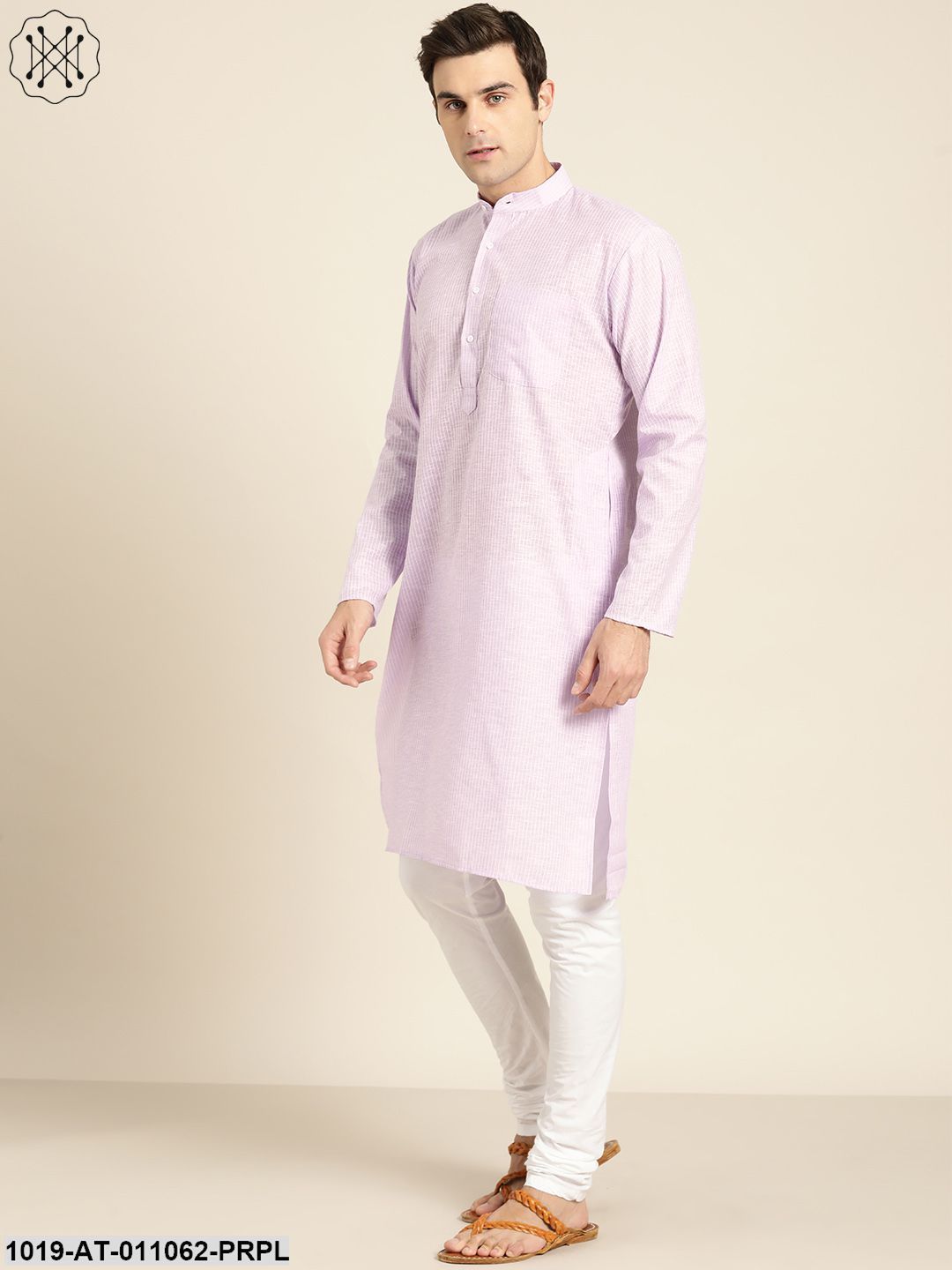 Men's Cotton Purple & White Striped Only Kurta