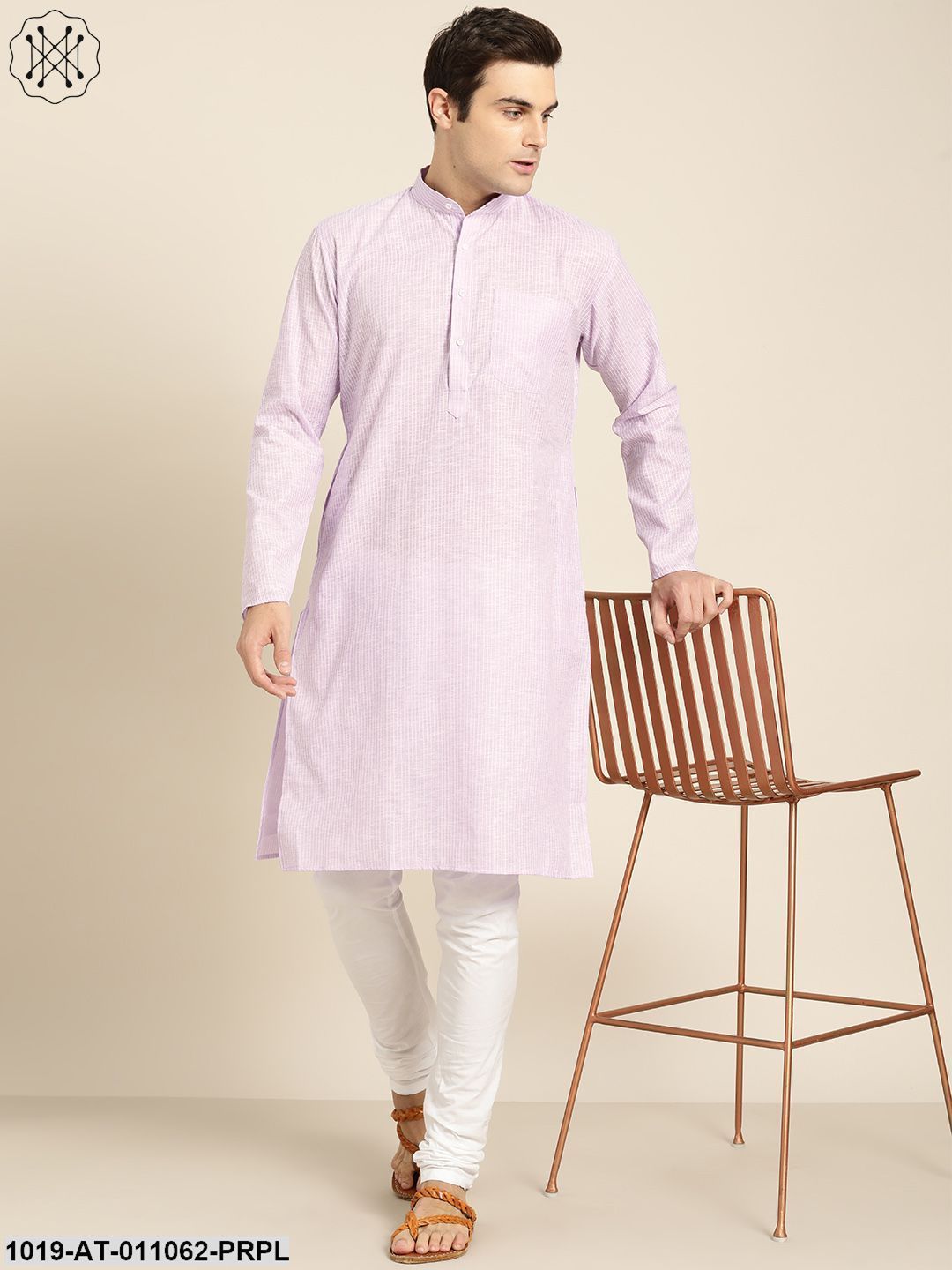 Men's Cotton Purple & White Striped Only Kurta