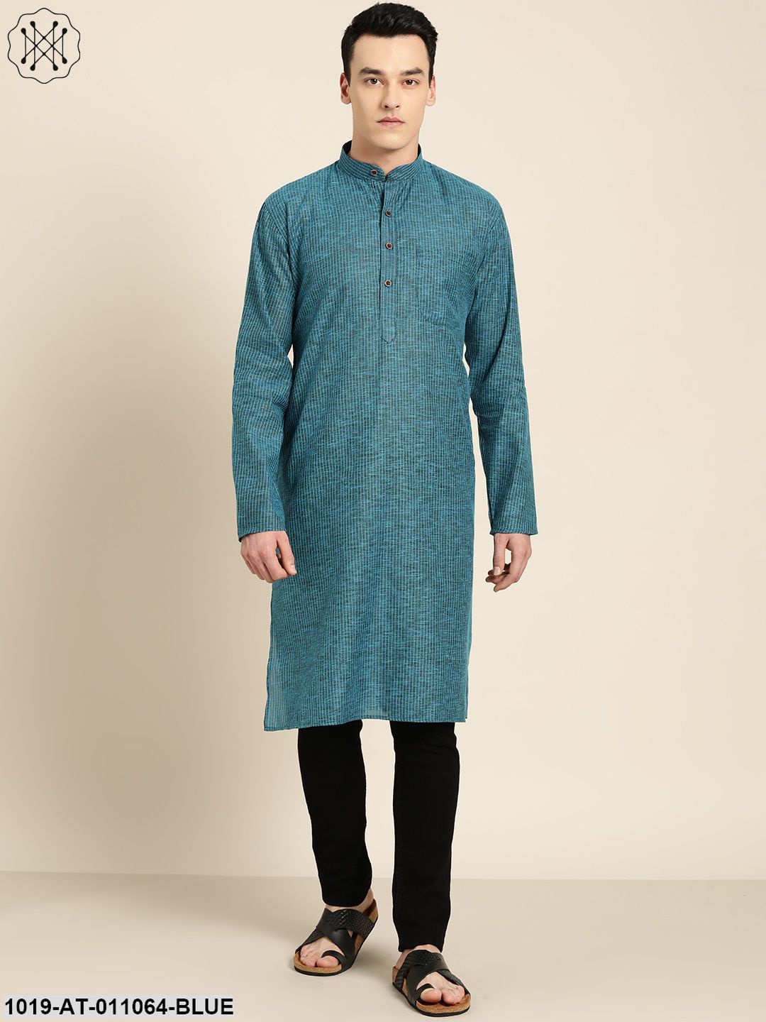 Men's Cotton Teal Blue Striped Only Kurta