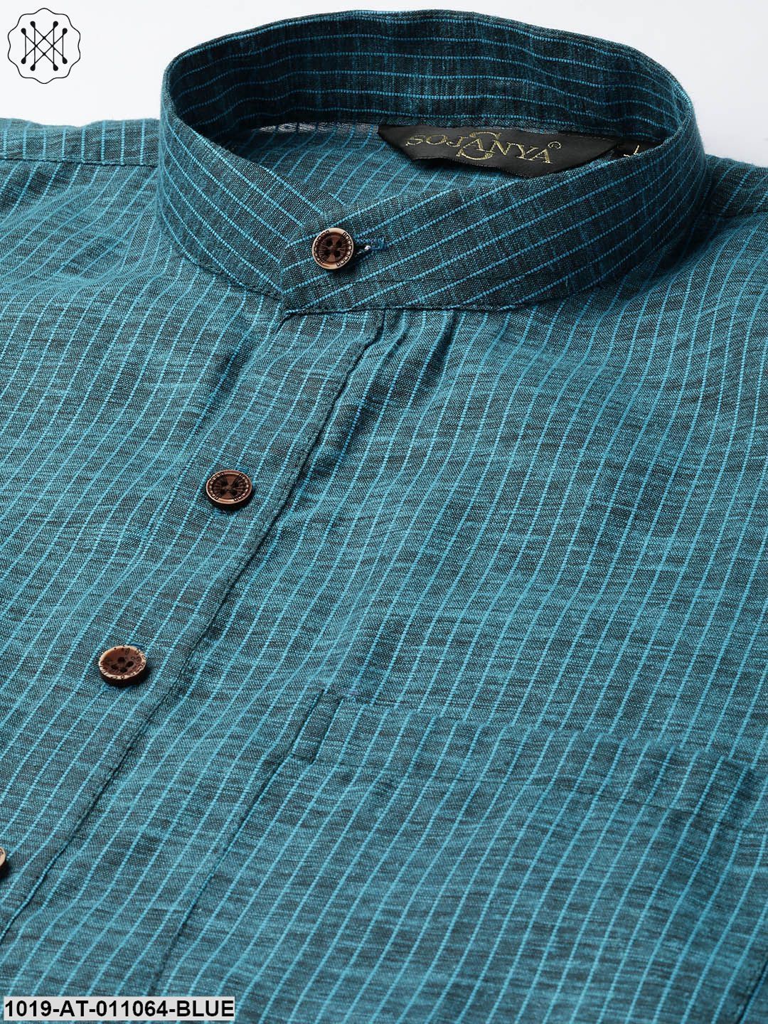 Men's Cotton Teal Blue Striped Only Kurta