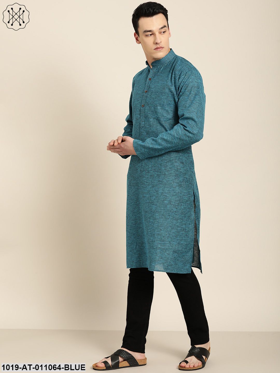 Men's Cotton Teal Blue Striped Only Kurta