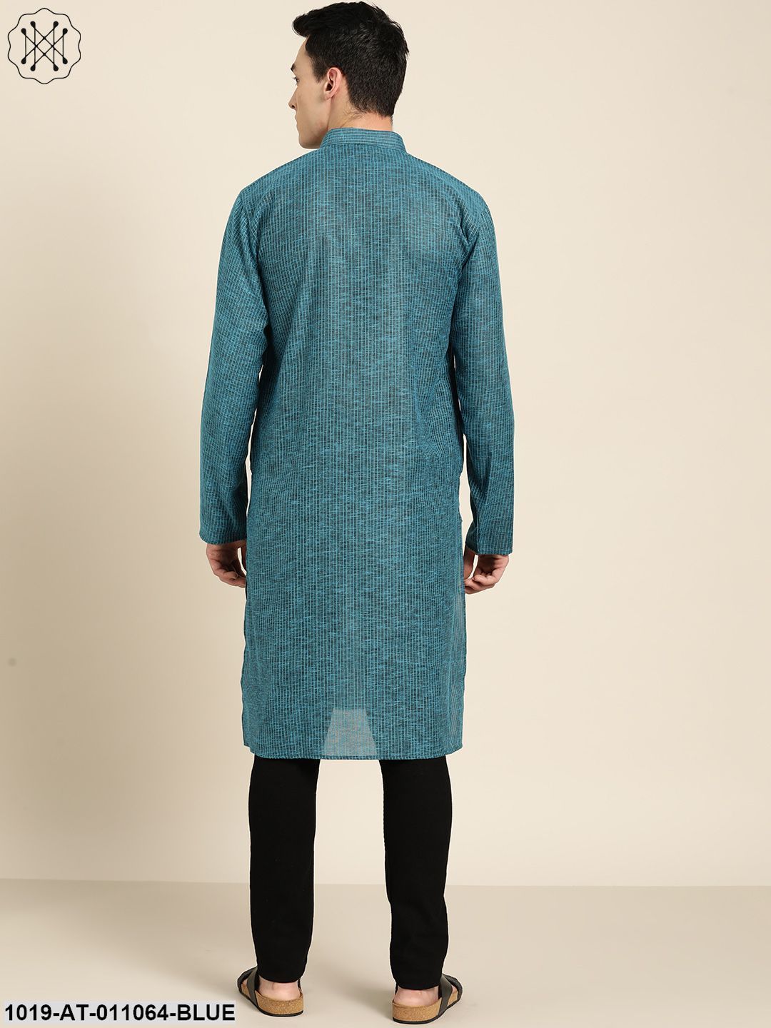 Men's Cotton Teal Blue Striped Only Kurta