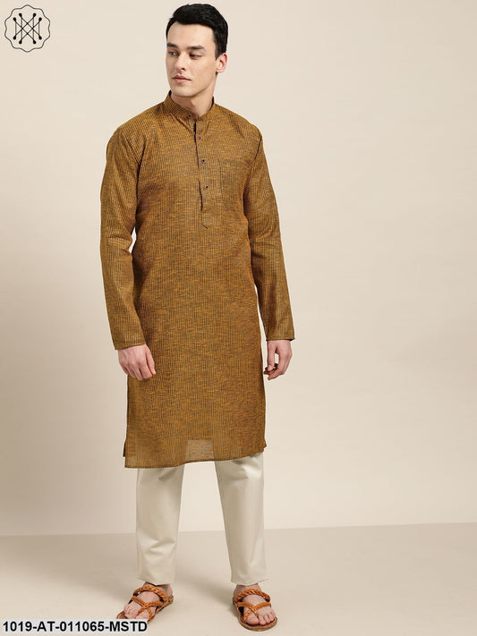 Men's Cotton Mustard& Dark Brown Striped Only Kurta