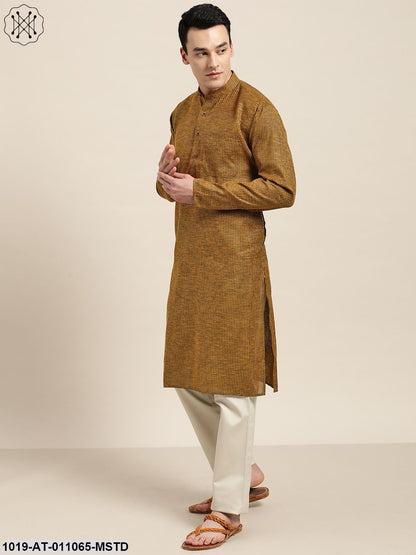 Men's Cotton Mustard& Dark Brown Striped Only Kurta