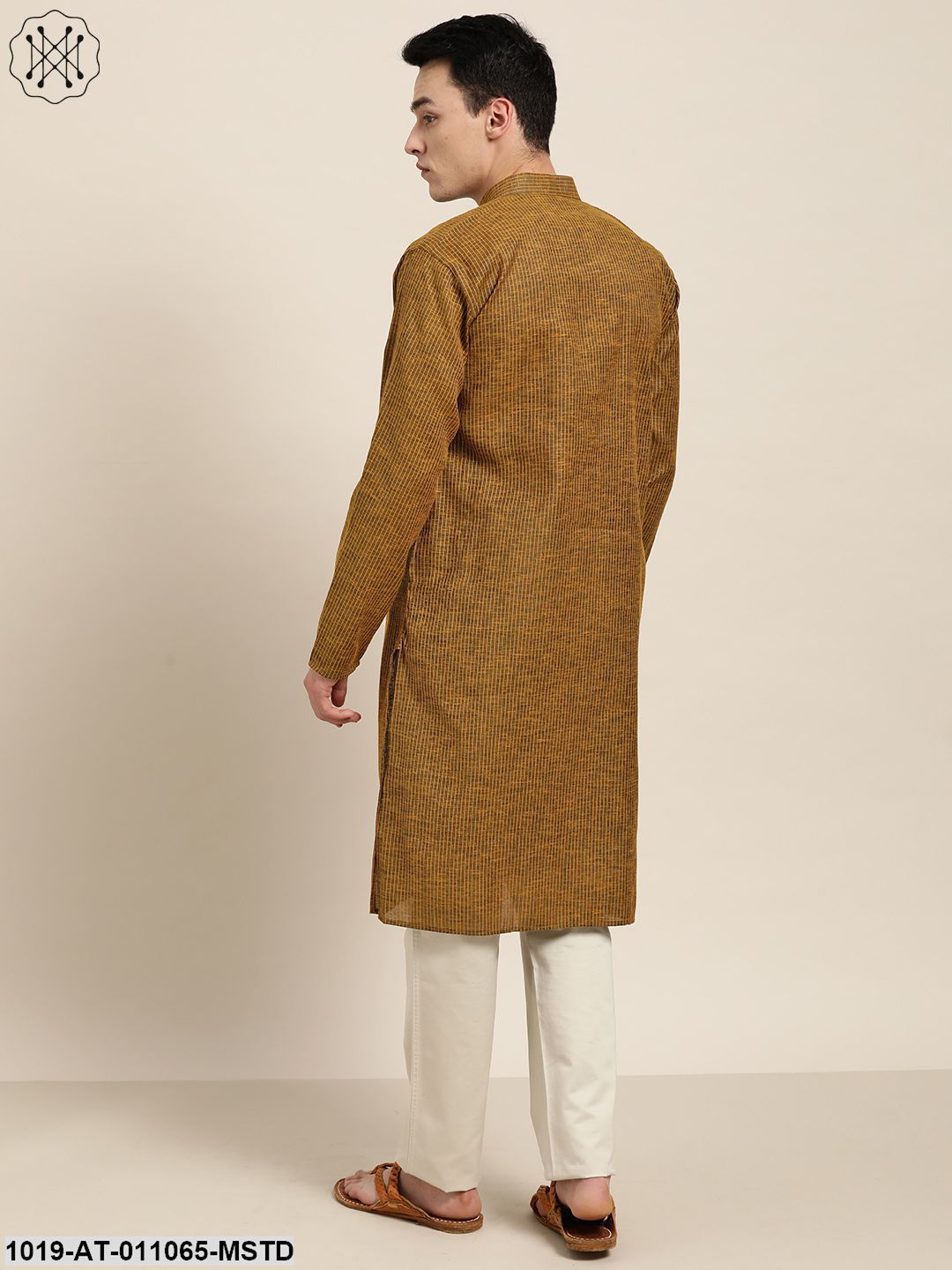 Men's Cotton Mustard& Dark Brown Striped Only Kurta