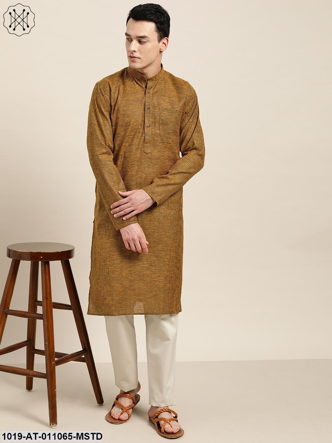 Men's Cotton Mustard& Dark Brown Striped Only Kurta