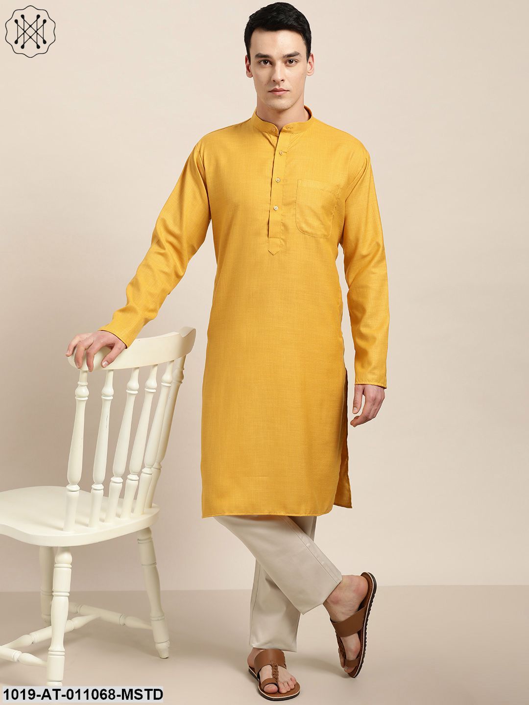 Men's Cotton Mustard Solid Only Kurta