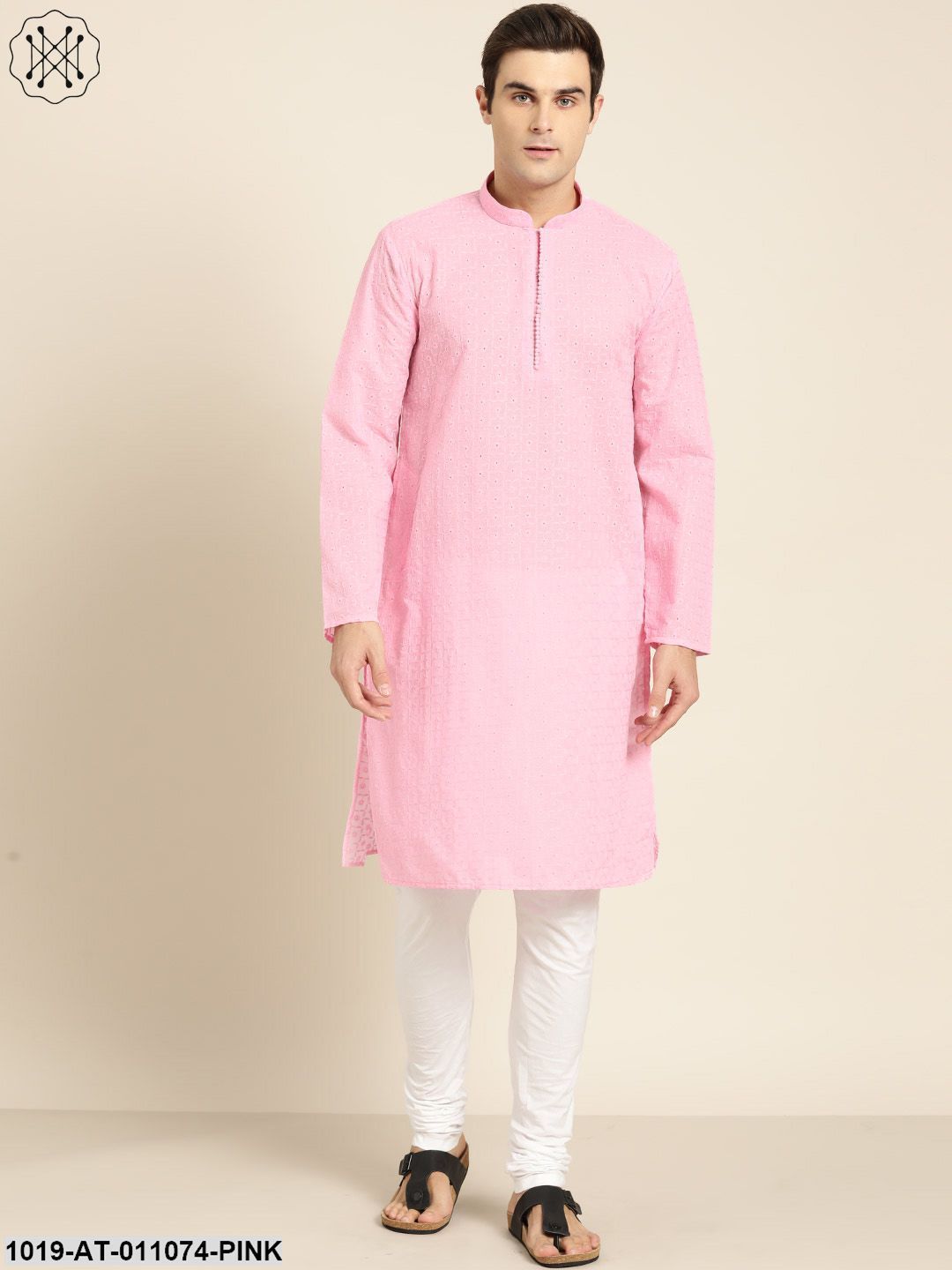 Men's Pure Cotton Pink Embroidered Only Kurta