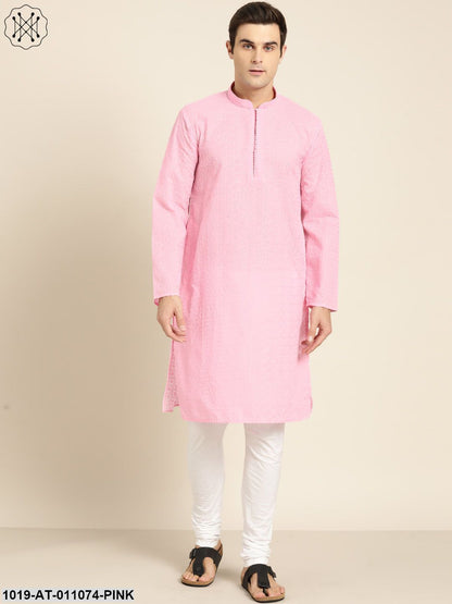 Men's Pure Cotton Pink Embroidered Only Kurta