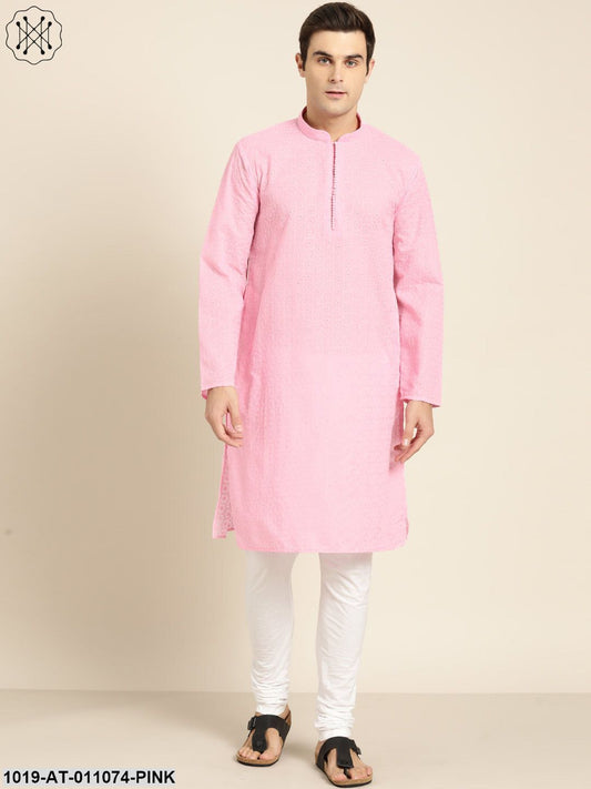 Men's Pure Cotton Pink Embroidered Only Kurta