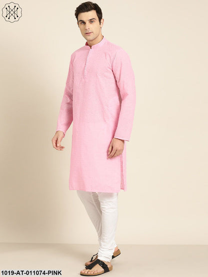 Men's Pure Cotton Pink Embroidered Only Kurta