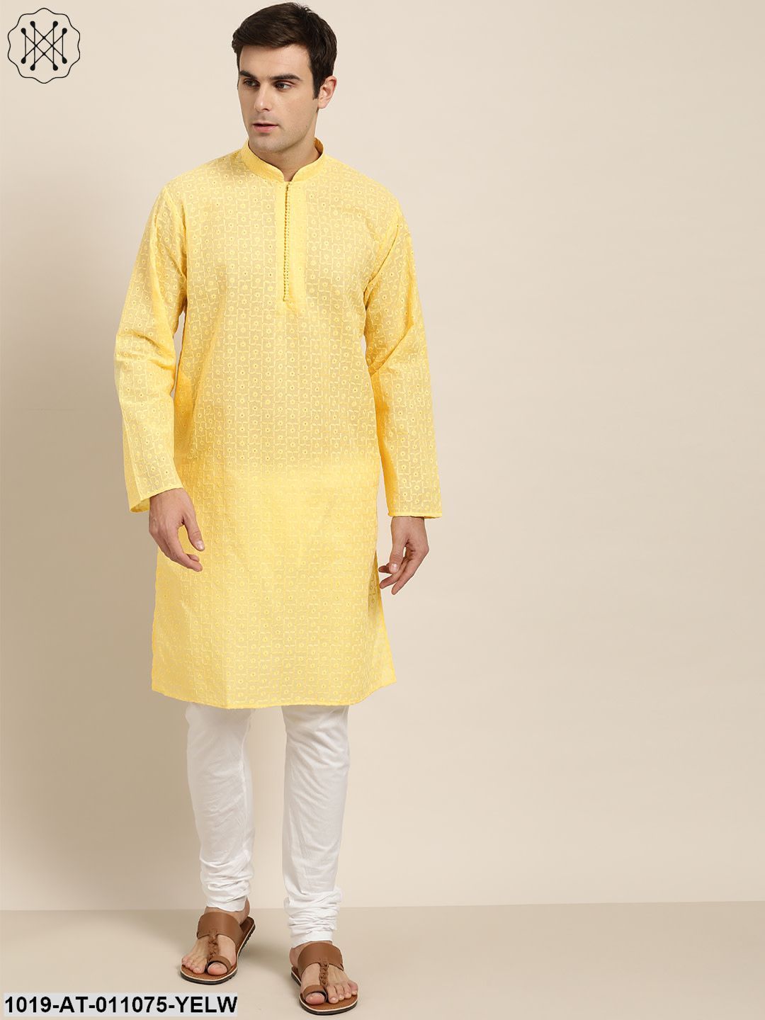 Men's Pure Cotton Yellow Embroidered Only Kurta