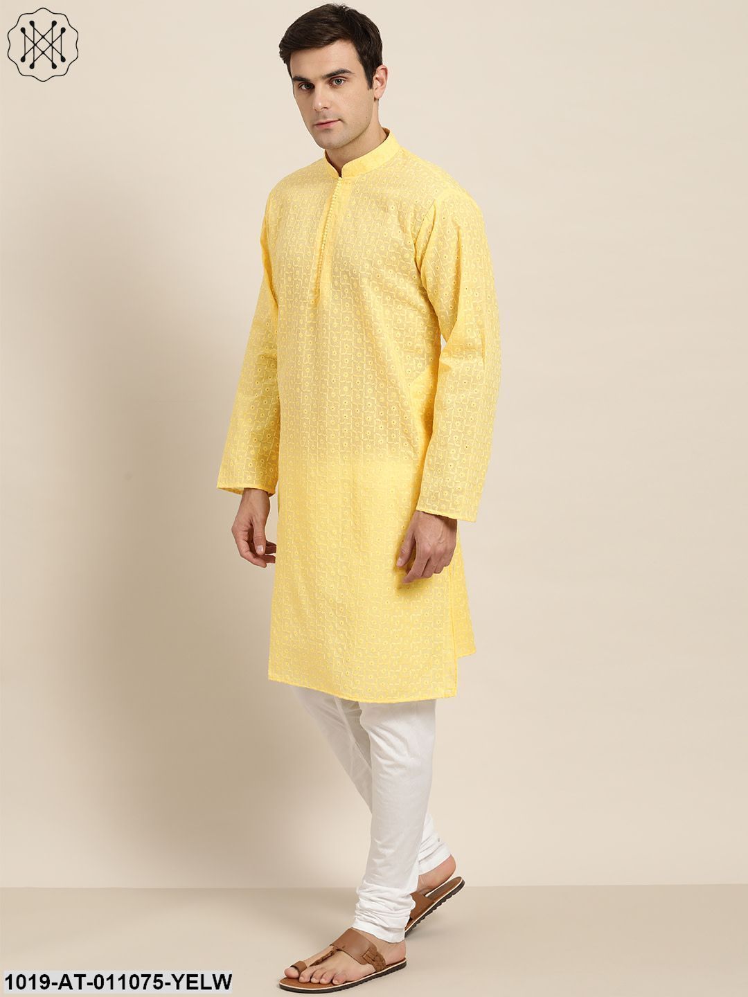 Men's Pure Cotton Yellow Embroidered Only Kurta