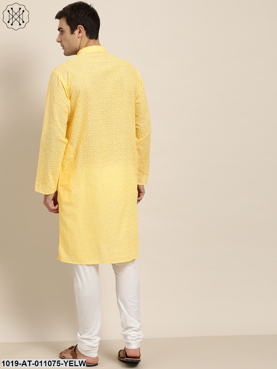 Men's Pure Cotton Yellow Embroidered Only Kurta