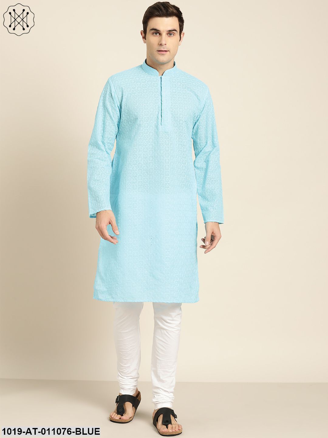 Men's Pure Cotton Sky Blue Embroidered Only Kurta