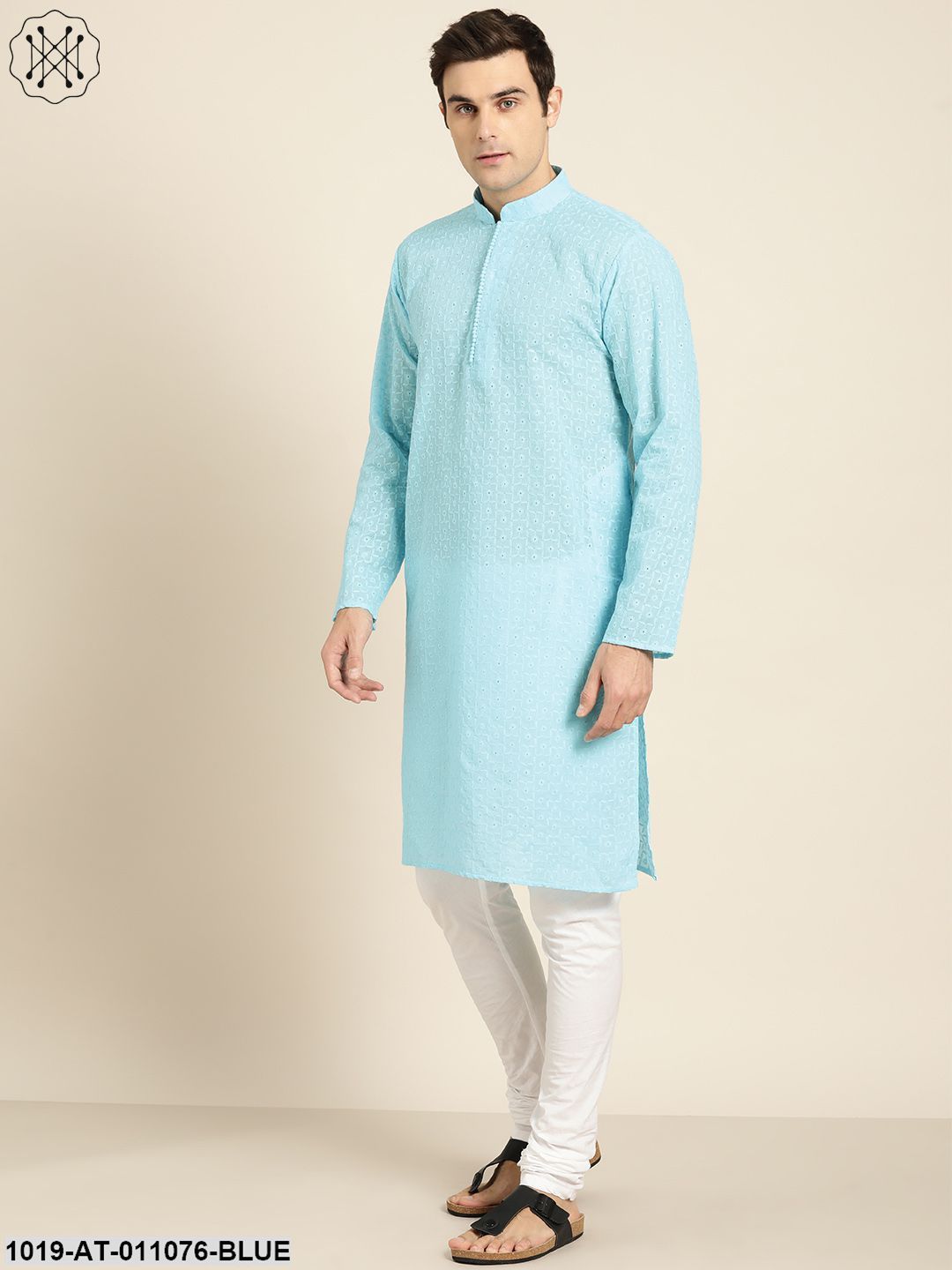 Men's Pure Cotton Sky Blue Embroidered Only Kurta