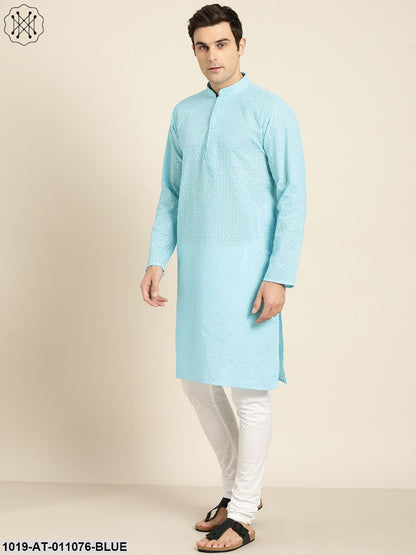 Men's Pure Cotton Sky Blue Embroidered Only Kurta