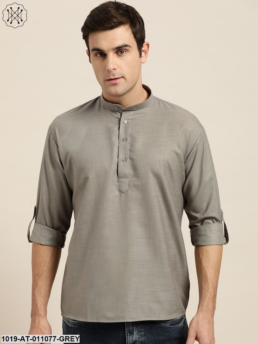 Men's Cotton Grey Solid Short Kurta