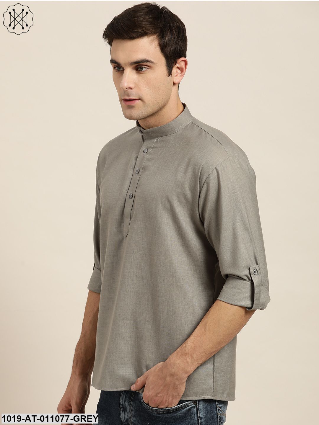 Men's Cotton Grey Solid Short Kurta