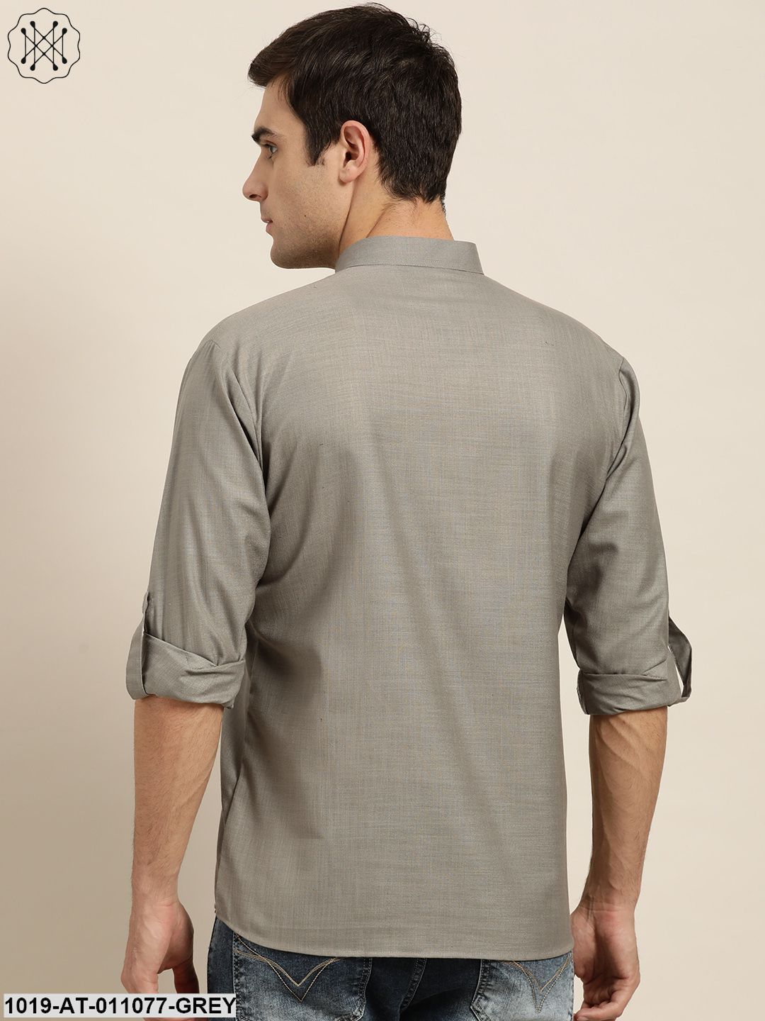 Men's Cotton Grey Solid Short Kurta