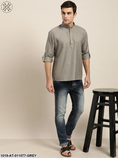 Men's Cotton Grey Solid Short Kurta