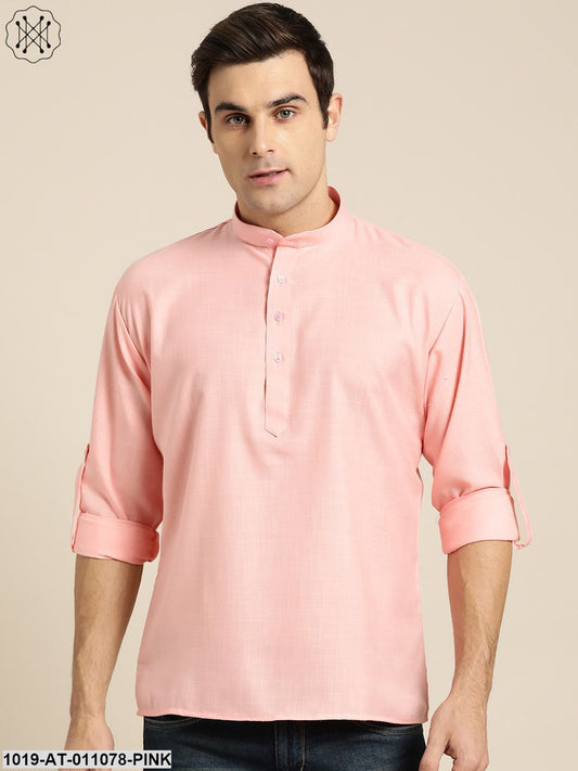 Men's Cotton Pink Solid Short Kurta