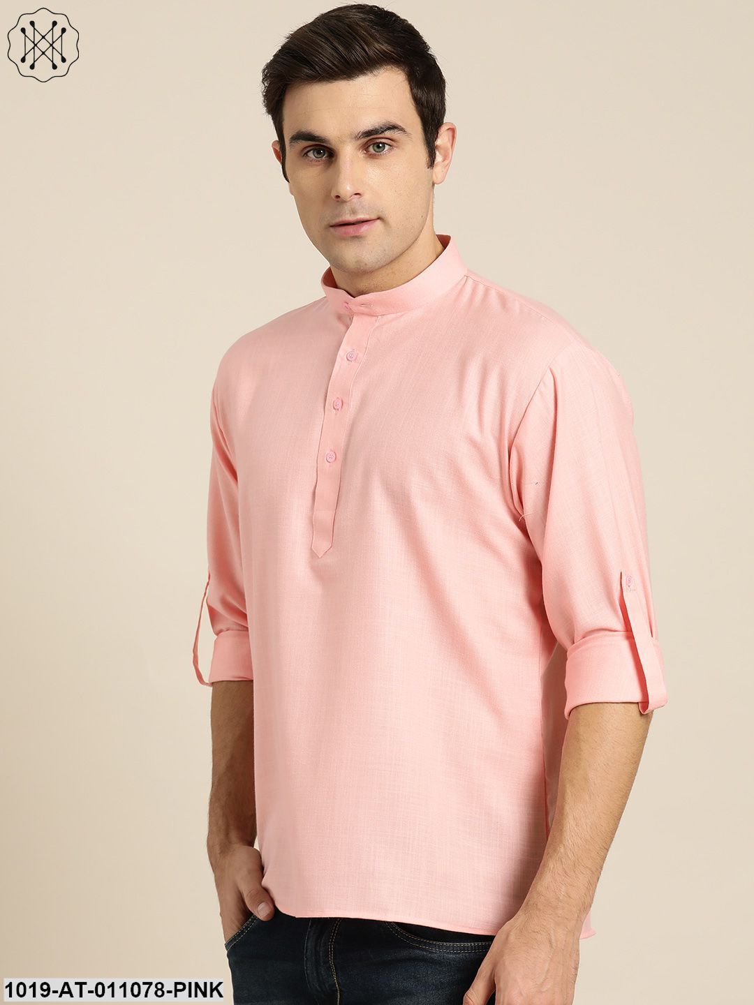 Men's Cotton Pink Solid Short Kurta