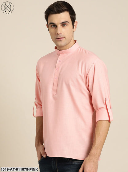 Men's Cotton Pink Solid Short Kurta