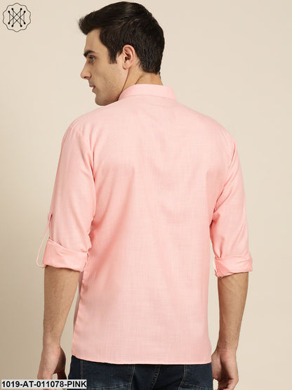 Men's Cotton Pink Solid Short Kurta